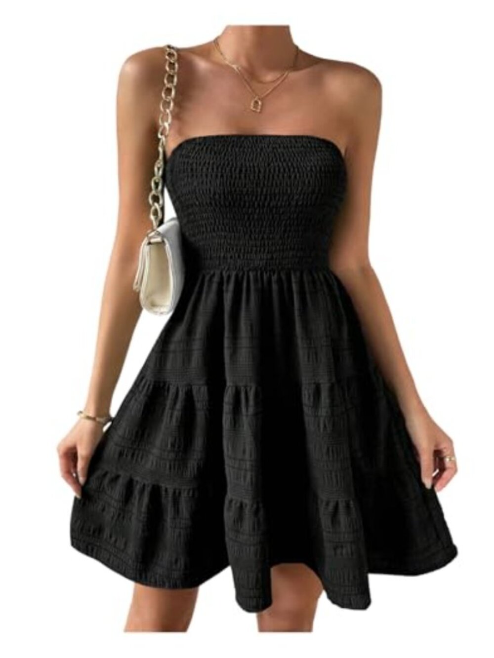 Strapless Smocked Tiered A-Line Mini Dress Summer Casual